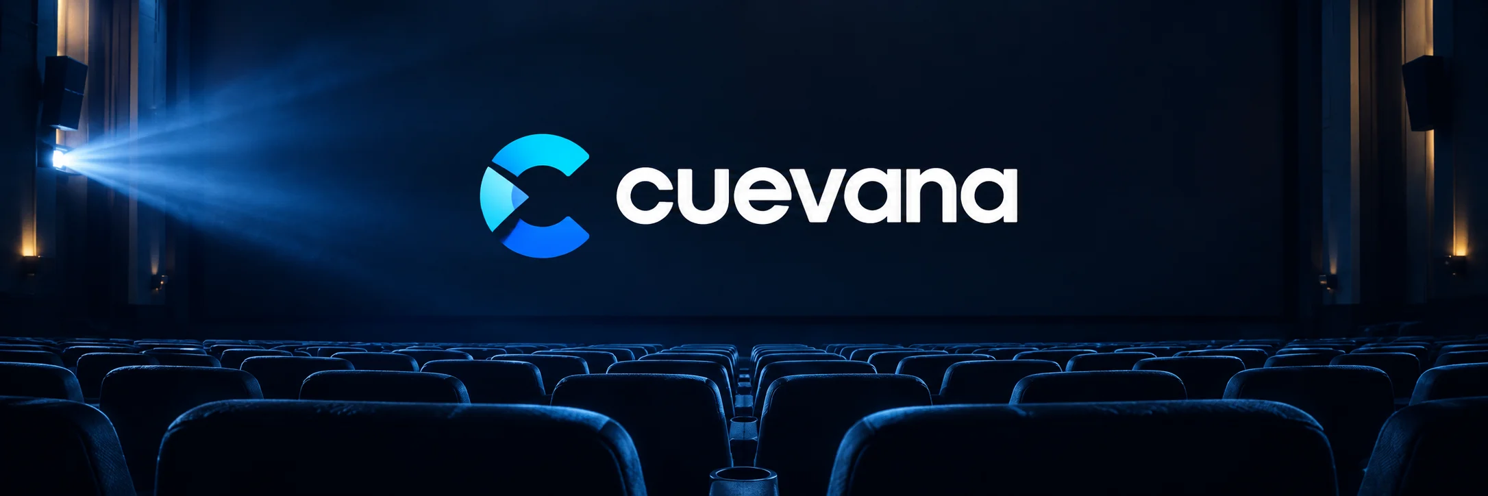 Cuevana: sala de cine azul con el nombre de la marca
